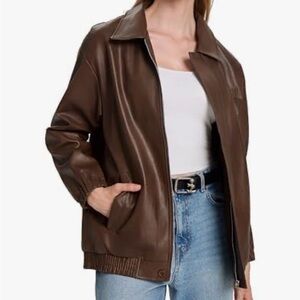 ABYOVRT Women's Oversized Faux Leather Winter Bomber Jacket Motorcycle Brown L